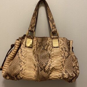 Michael Kors Collection python satchel handbag, browns & tan. gold tone hardware